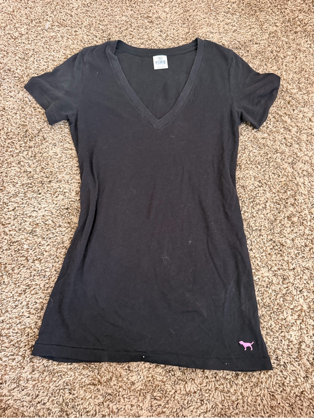 Vintage PINK Victoria's Secret Black V-Neck Tee with Pink Dog Logo